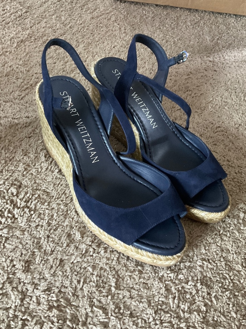 Stuart Weitzman Navy Blue Suede Espadrille Wedge Sandals